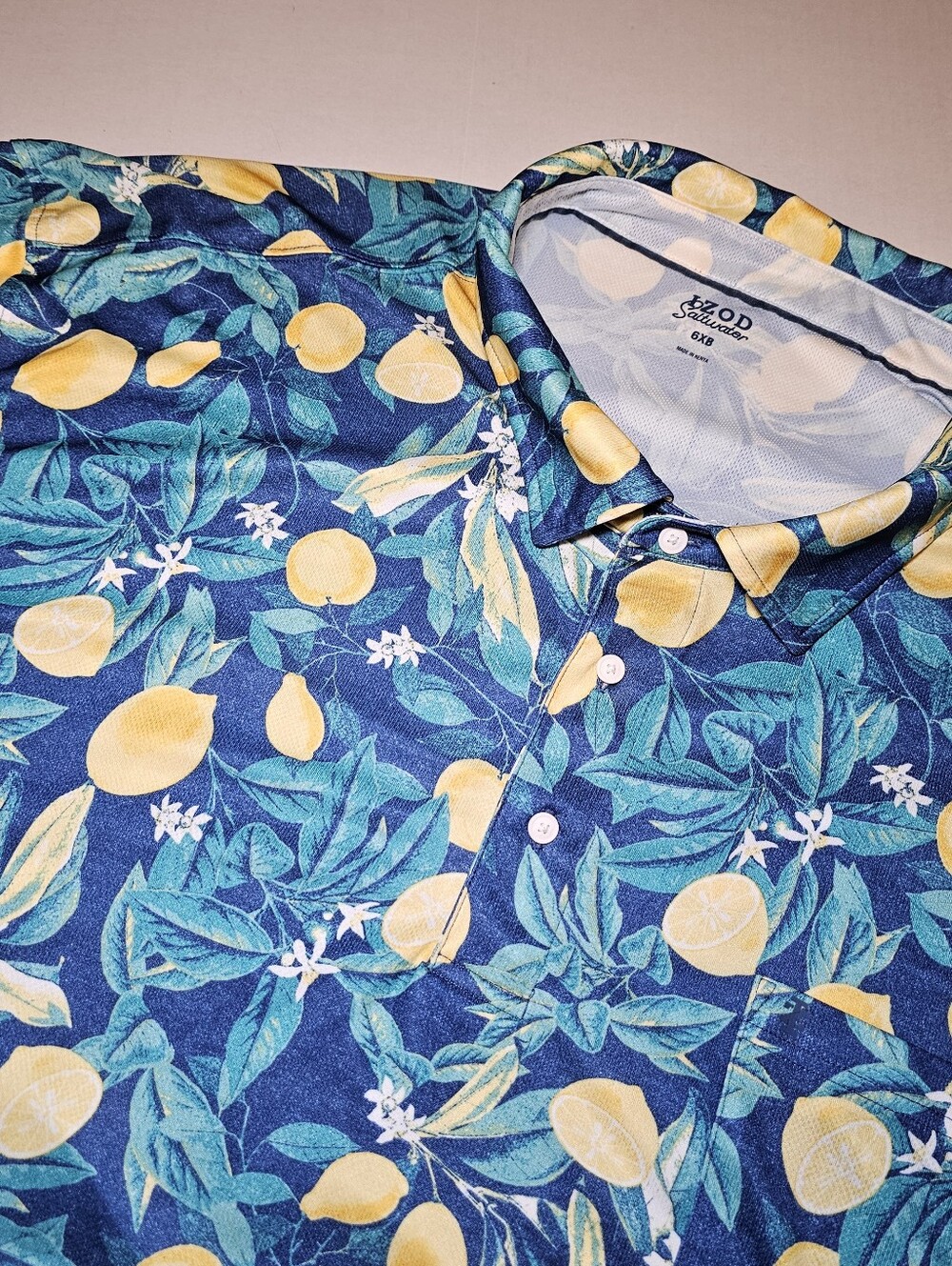 IZOD Saltwater Men’s Polo Shirt Big Tall 6XB Short Sleeve Button-Up Blue Floral